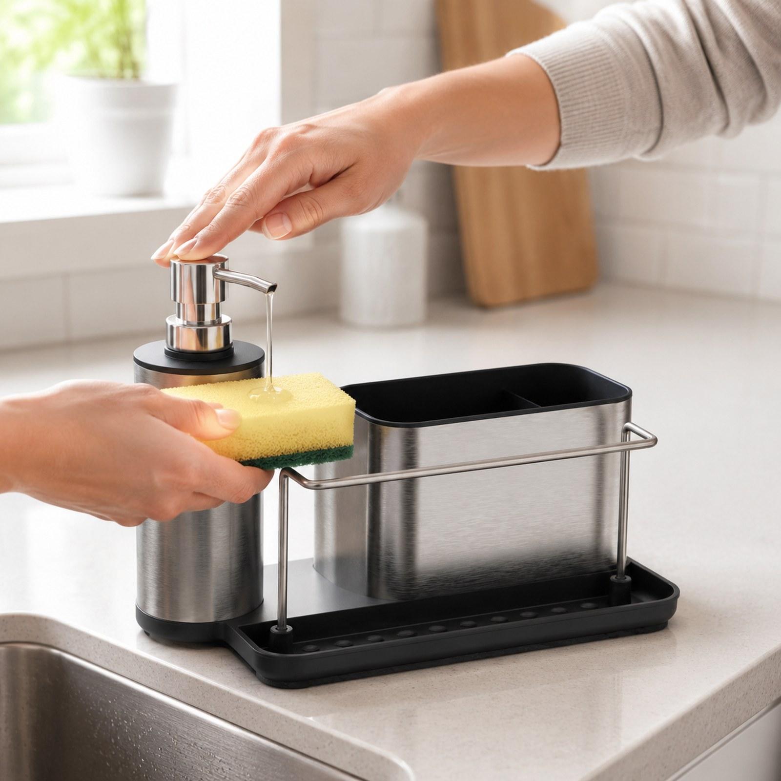 Kitchen Soap Dispenser with Sp - đánh giá và giá Kitchen Gadgets Dispenser Brush Holder